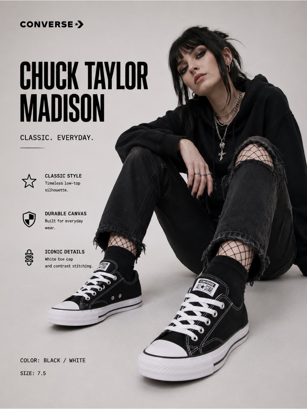 Chuck Taylor black Madison Low Top Sneakers with white details Converse size 7.5